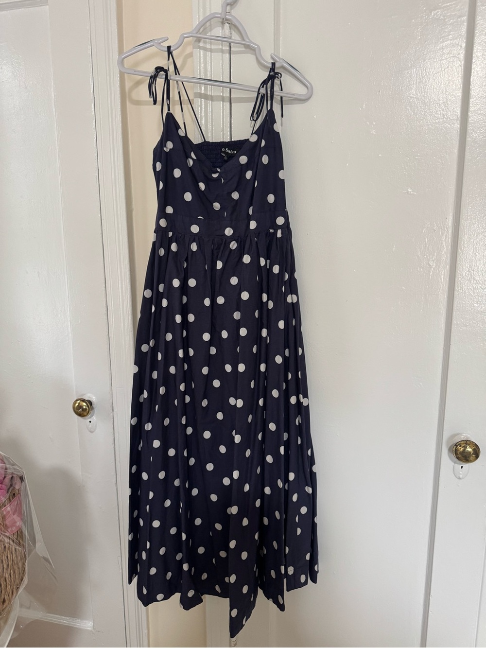 En Saison Navy Polka Dot Midi Dress with Tie Straps